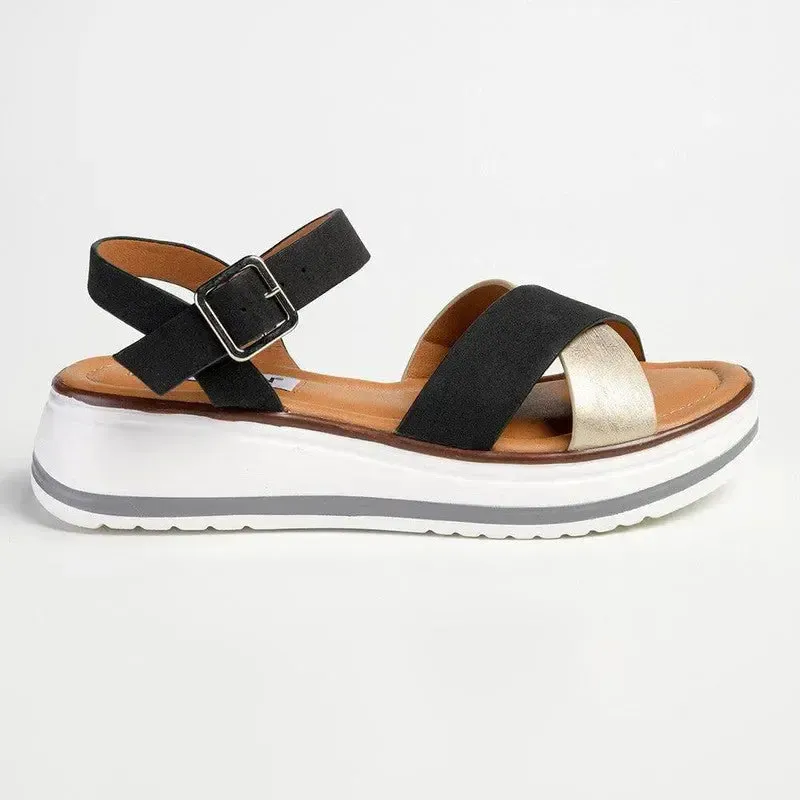 Madison Jacklynn Crossover Footbed Sandal - Black/Gold - Image 3